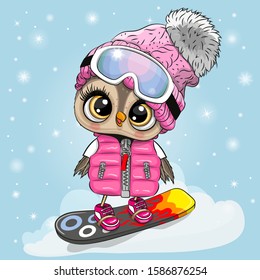 Cute cartoon Owl on a snowboard on a blue background