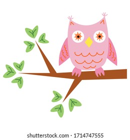 Cute cartoon owl on the tree branch in flat style isolated on white background. Vector illustration.  