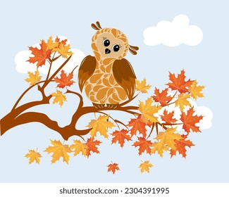 Cute cartoon owl on a tree branch with autumn leaves. Baby illustration, vector