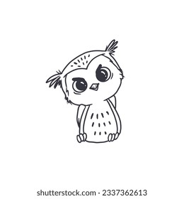 cute cartoon owl on white. Owlet in doodle style. Coloring for kids. Vector illustration