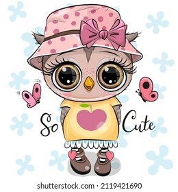 Cute Cartoon Owl in panama hat with butterflies