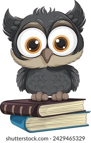 Cute cartoon owl perched on a pile of books