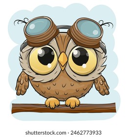 Cute cartoon Owl in a pilot Glasses on a branch