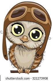 Cute cartoon owl in a pilot hat on a white background