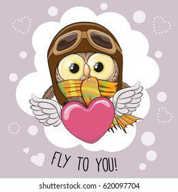 Cute cartoon Owl in a pilot hat is flying on the heart