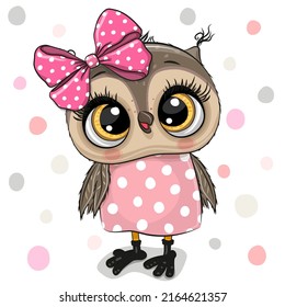 Cute Cartoon Owl with pink bow on a white background