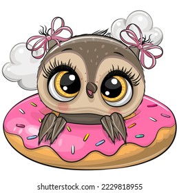 Cute Cartoon Owl with a pink bows and donut