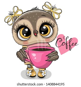 Cute Cartoon owl with pink Cup of coffee