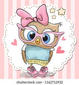 Cute cartoon owl in pink eyeglasses with a bow