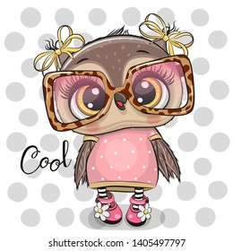 Cute Cartoon Owl in pink glasses on a dots background