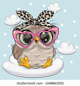 Cute Cartoon Owl in pink glasses on the cloud