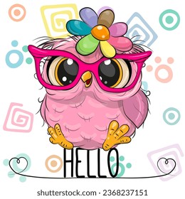 Cute Cartoon Owl in a pink glasses with flower