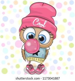 Cute Cartoon Owl in a pink hat with bubble gum