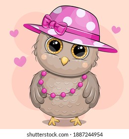 
Cute cartoon owl with pink hat and necklace. Vector illustration of an animal on a pink background with hearts.