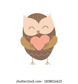 Cute cartoon owl with pink heart. Funny woodland bird isolated on white background. Vector illustration.