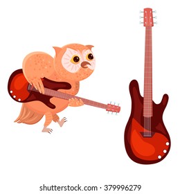 Cute cartoon owl plays on electric guitar. Vector illustration isolated on white background. Musical design. Musical bird. Electric guitar isolated.