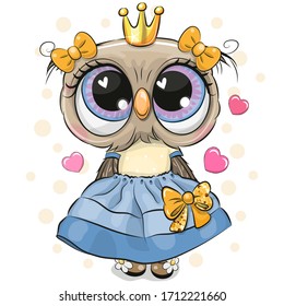 Cute Cartoon Owl Princess in a blue dress with hearts isolated on a white background