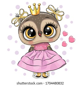 Cute Cartoon Owl Princess in a pink dress with hearts isolated on a white background