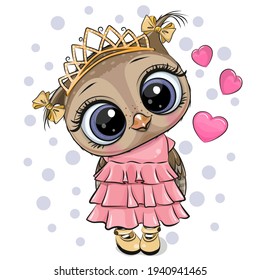 Cute Cartoon Owl Princess in a pink dress with hearts on a white background