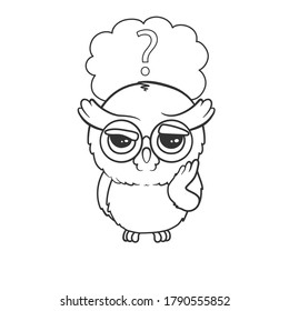 Cute cartoon owl with question mark in speech bubble isolated on white background. Thoughtful owlet. Vector illustration
