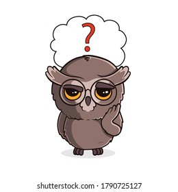 Cute cartoon owl with question mark in speech bubble isolated on white background. Thoughtful owlet. Vector illustration