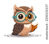 Cute cartoon owl reading book vector funny animal. Vector illustration. Smart wise character in glasses, kids print bird card