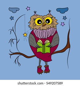 Cute cartoon owl. Owl reads a book sitting on a tree branch. Doodles art. Printing on T-shirts, banners, posters, cover. Coloring page book for adults and children.