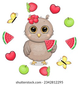 Cute cartoon owl with red flower and watermelon in fruit frame. Summer animal vector illustration with hearts, apples, watermelons, strawberries, butterflies on white background.