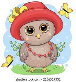 Caricatura de búho con sombrero rojo y collar. Ilustración vectorial de un pájaro con mariposas en la naturaleza sobre un fondo azul.