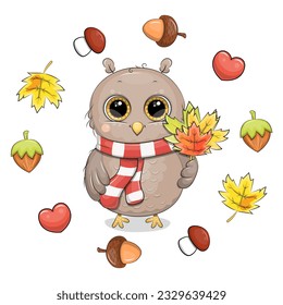 Cute cartoon owl with red scarf and fallen leaves in an autumn frame. Vector illustration of an animal with yellow leaves, nuts, acorns, mushrooms and hearts on a white background.