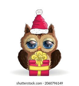 Cute Cartoon Owl in Santa hat with Christmas ball, gift on a white background