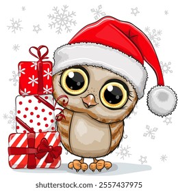Cute Cartoon Owl in a Santa hat with gifts