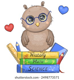 Cute cartoon owl with school books, pencils, notebook and measuring ruler. Vector illustration of animal on a white background with hearts.