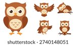 Cute cartoon owl set with different poses and emotions, flat woodland bird character collection isolated on white background. Vector illustration