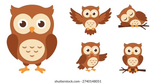 Cute cartoon owl set with different poses and emotions, flat woodland bird character collection isolated on white background. Vector illustration