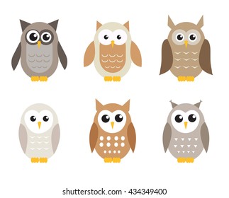 Cute cartoon owl set. Owls in shades of gray. Vector illustration