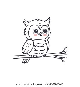 Cute cartoon owl sin on tree brunch on white background. Owlet in doodle style. Coloring for kids. Vector illustration