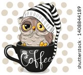 Cute Cartoon owl is sitting in a Cup of coffee