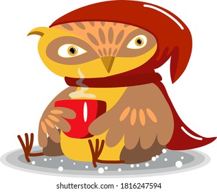 Cute cartoon owl is sitting with a cup of coffee, funny character, colorful vector illustration isolated on white background