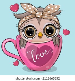 Cute Cartoon Owl is sitting in a Cup with heart print