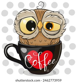 Cute Cartoon owl is sitting in a Cup of coffee