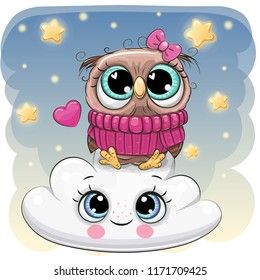 Cute Cartoon Owl is sitting a on the Cloud