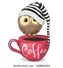 Cute Cartoon owl is sitting on a Cup of coffee