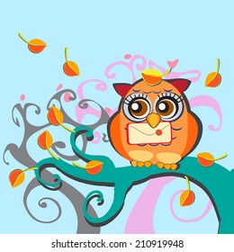Cute cartoon owl sitting on a branch. Owl have a letter in its beak. Mailman bird.The trees with autumn leaf. Vector illustration on white background. For page corner, print, card.
