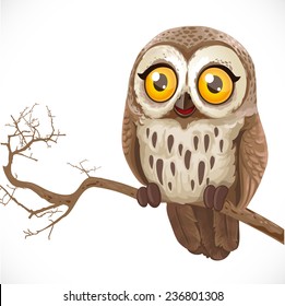 Cute cartoon owl sitting on a branch isolated on a white background