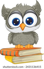 Cute cartoon owl sitting on colorful books illustration