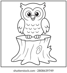 A cute cartoon owl sitting on a tree stump, illustrated in a simple black and white line art style for coloring books.