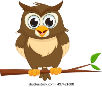 cute cartoon owl sitting on a tree branch
