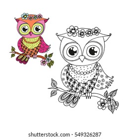 Cute cartoon owl sitting on tree branch. Black and white and colorful for coloring book. Isolated vector illustration on white background