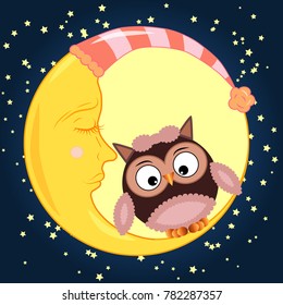 Cute cartoon owl sitting on a round dormant crescent moon in the night sky with stars